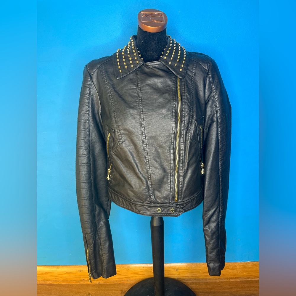 Express Quilted Studded Faux Leather Moto Biker Jacket Small Black Gold Zippers
